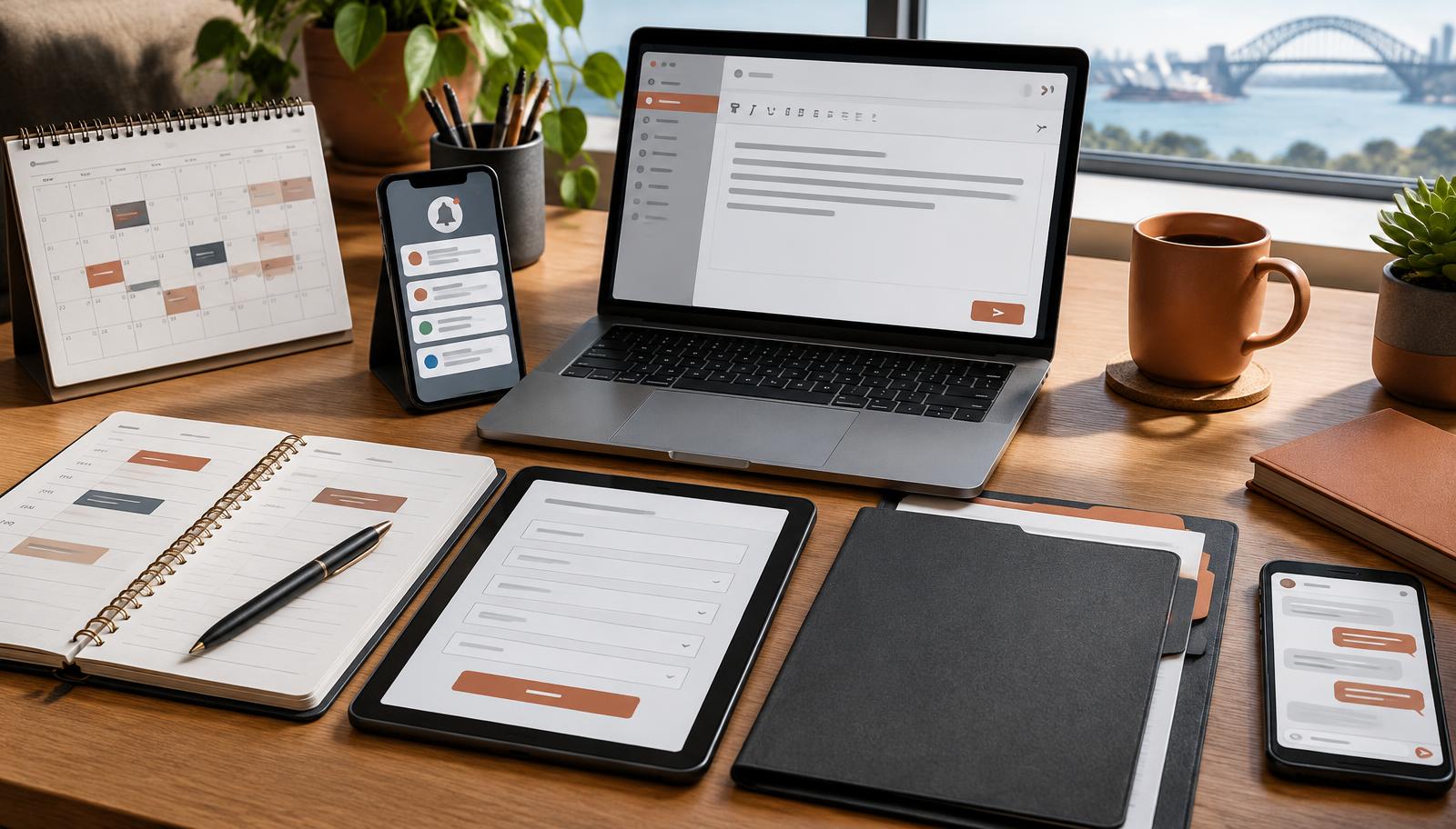 Australian small business workspace showing calendars, messages and digital workflows