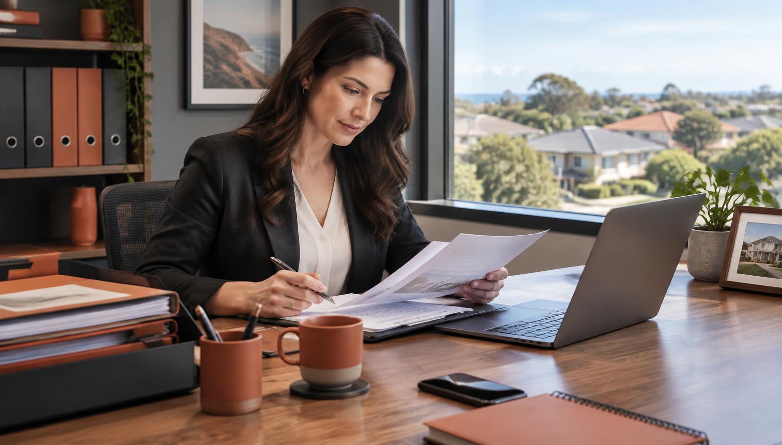 Australian conveyancer reviewing property documents in a professional office