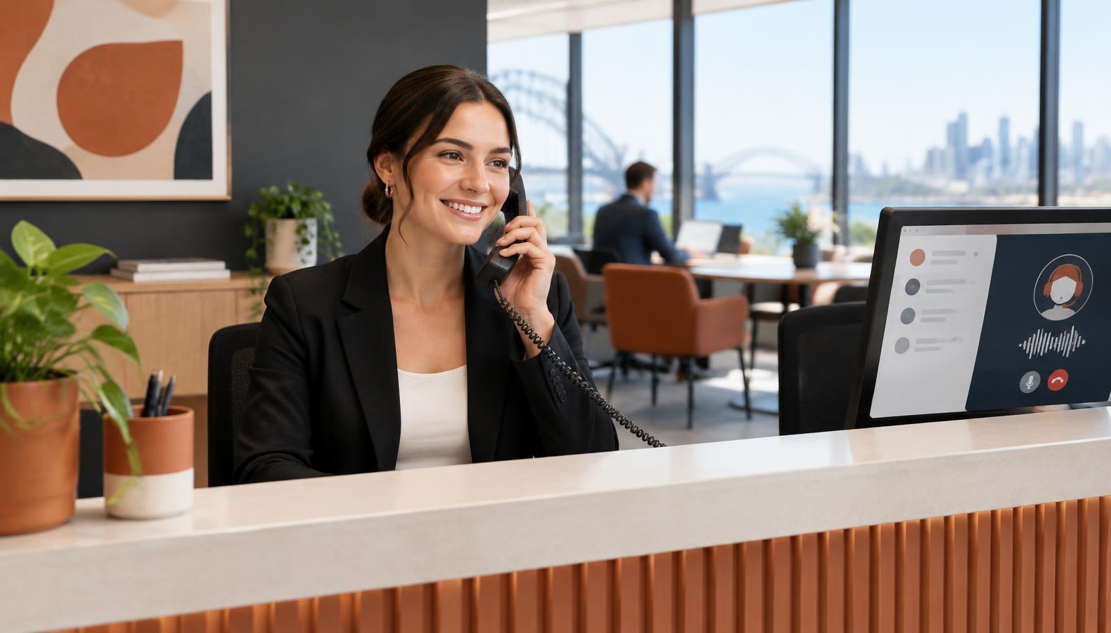 Human receptionist working beside a digital call handling system in a modern office
