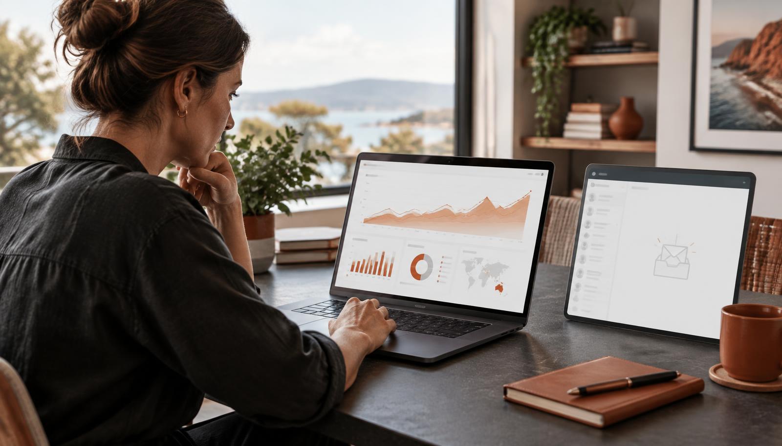 Business owner comparing website traffic analytics with an empty enquiry inbox