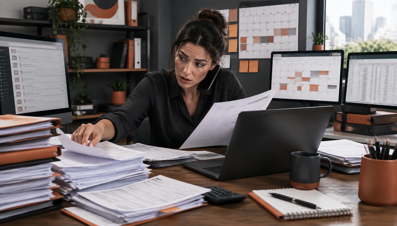 Small business owner managing paperwork, inboxes, calendars and duplicated data