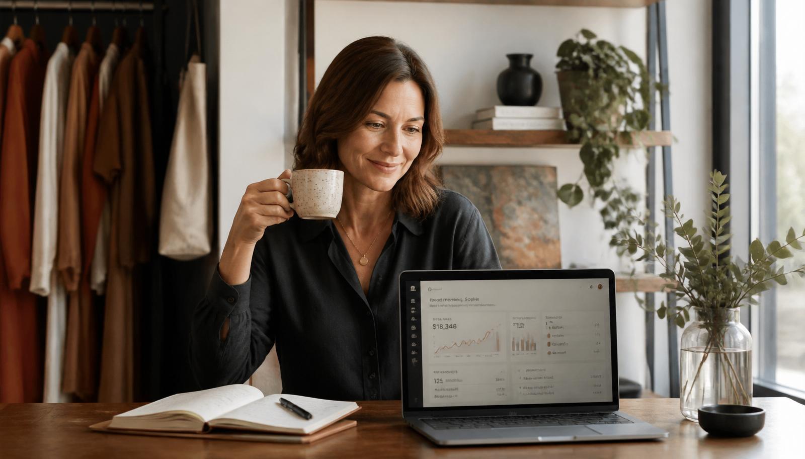 Small business owner working confidently at a laptop with a coffee, symbolising the time AI can quietly save.