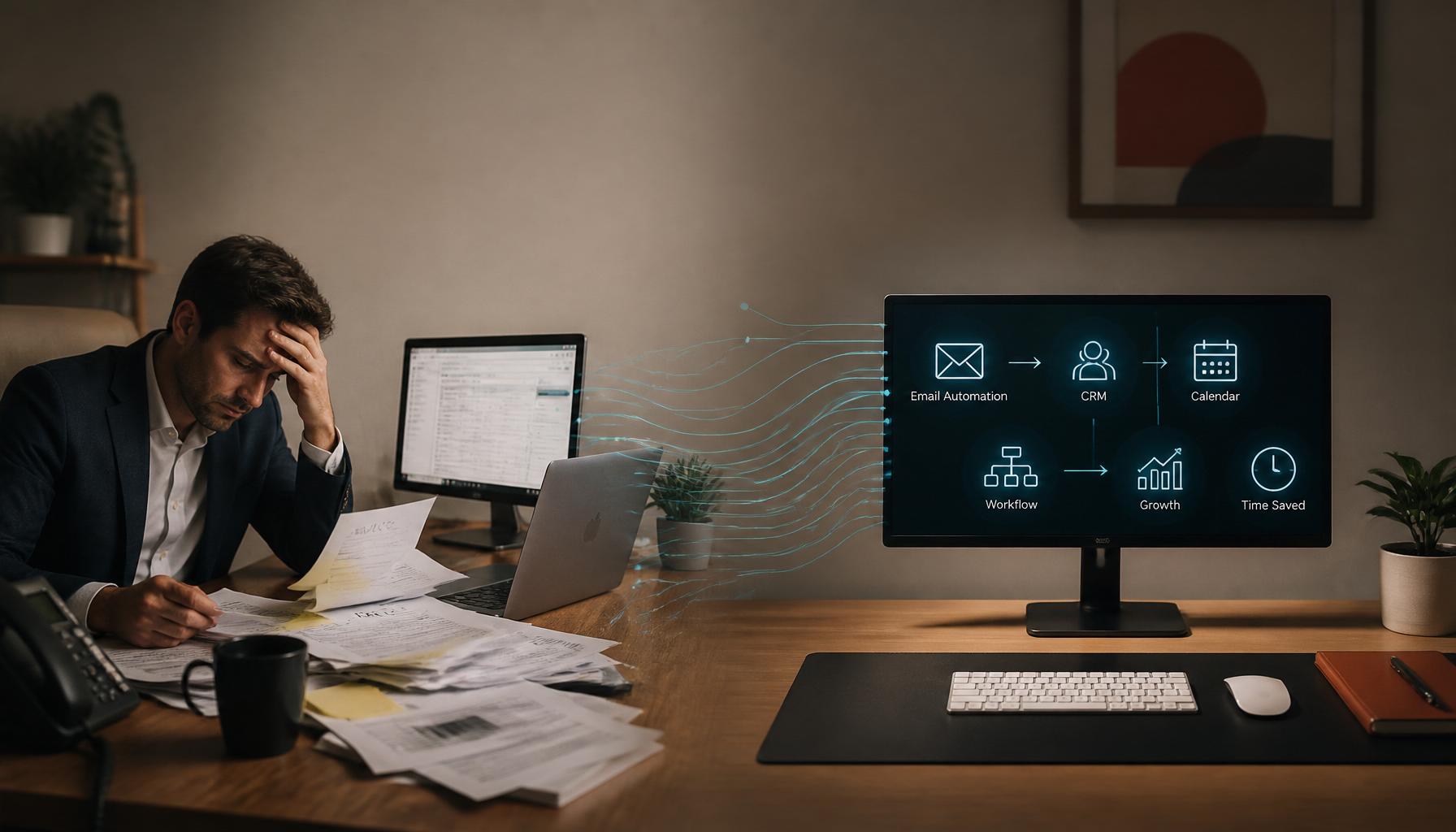 Split scene showing an overwhelmed small business owner surrounded by paperwork on the left, transitioning into an organised digital dashboard with email, CRM, calendar, workflow, growth and time-saved automation icons on the right.
