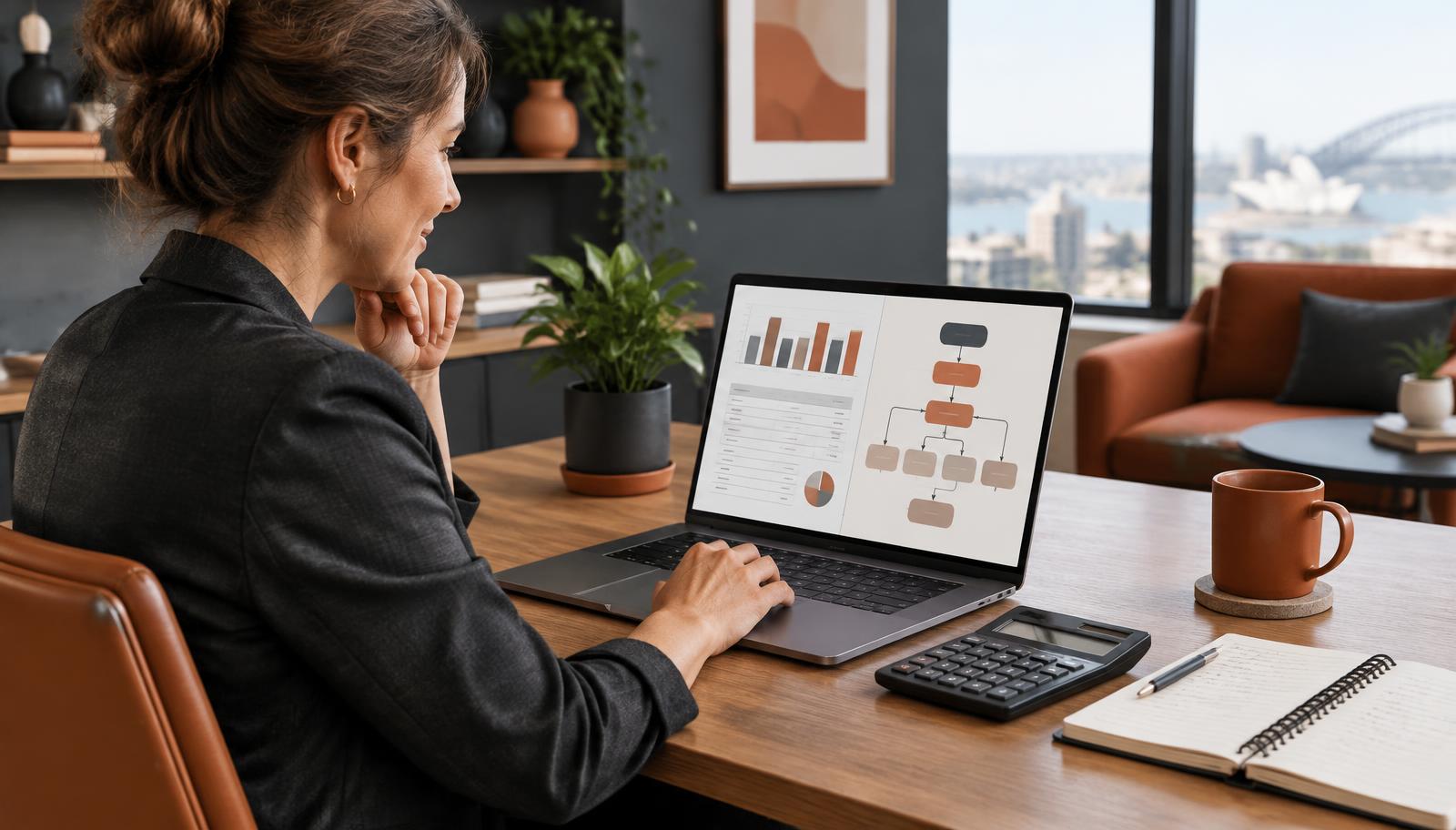 Australian business owner reviewing an automation plan, budget and workflow